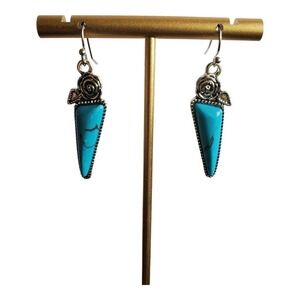 Synthetic Turquoise Triangle Drop Dangle Rose 925 Silver Plated Boho Earrings